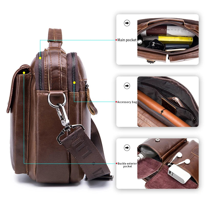 Bolsa Transversal Masculina de Couro Genuíno LAOSHIZI: Estilo Retrô e Elegância para o Seu Dia a Dia