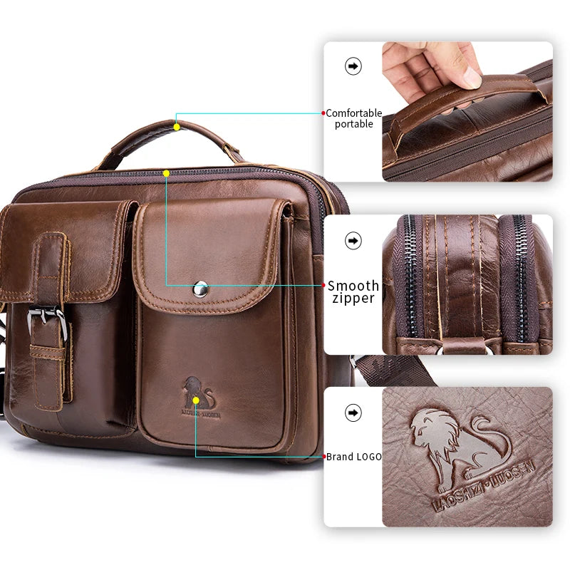 Bolsa Transversal Masculina de Couro Genuíno LAOSHIZI: Estilo Retrô e Elegância para o Seu Dia a Dia